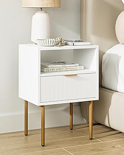 Nightstand,Small Bedside Table with Gold Frame,White Night Stand,Bedside Furniture,Side Table with Drawer and Shelf for Bedroom,Living Room