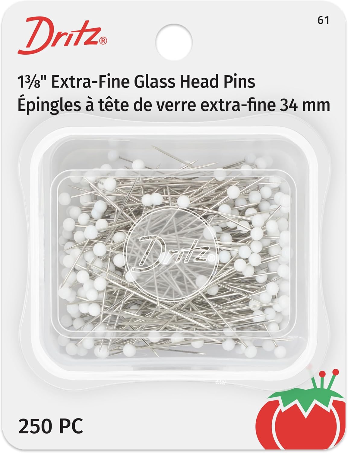 Dritz 61 Glass Head Pins, Extra Fine, 1-3/8-Inch (250-Count) , White