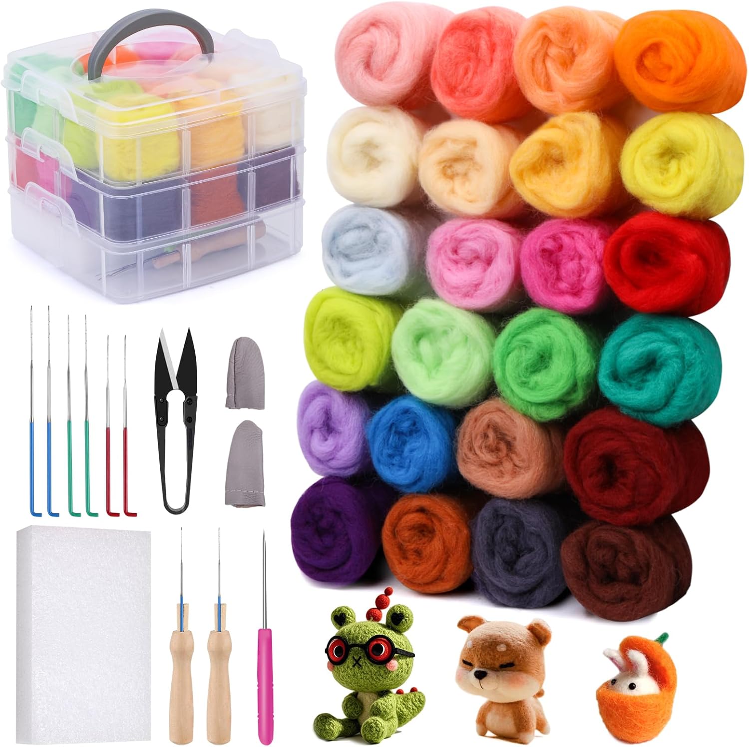 JUPEAN Needle Felting Kit, 24 Colors Wool Roving (5g/Color), Complete Needle Felting Starter Kit with Needle Felting Supplies Wool Fibre Spinning Craft Felting Kits for Beginners