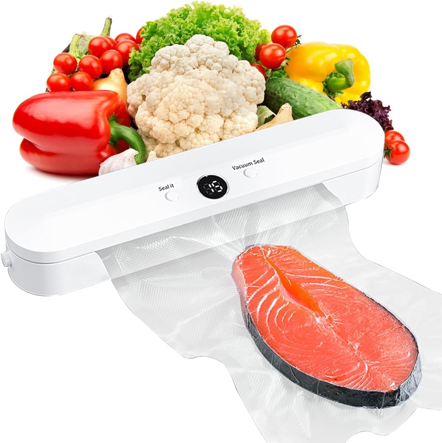 Vacuum Sealer, Vacuum Food Sealer Machine, Built-in Cutter Food Vacuum Sealer Machine One-Touch Vacuum/Sealing for Dry & Moist Food and Keep Meat Vegs Snacks Fruits Fresh with 10Pcs Bags, White