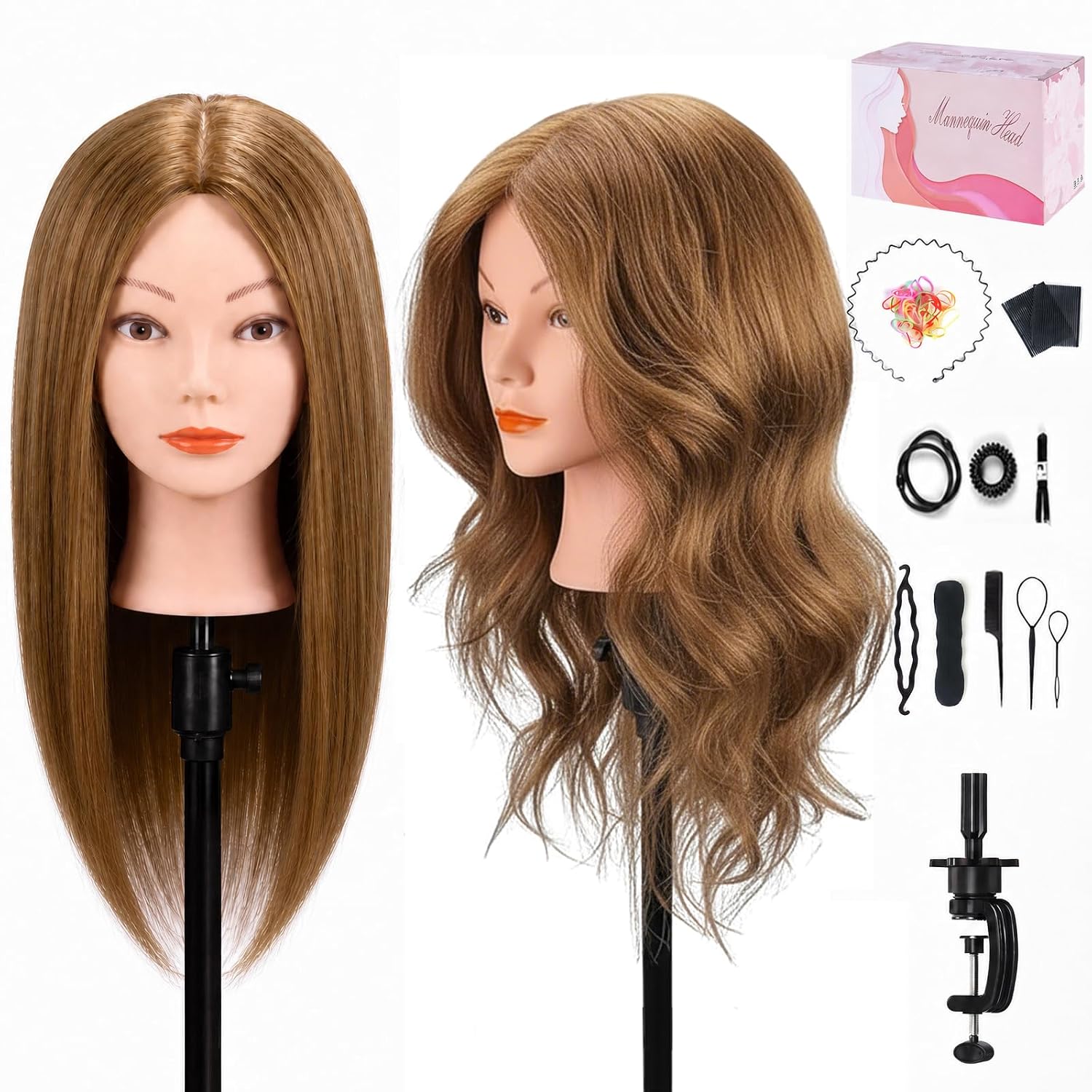 Mannequin Head with 100% Human Hair, MYSWEETY Doll Head for Hair Styling, Manikin Head Cosmetology Makeup Hairdressing Training Head with Clamp Holder and Tools(18" Brown, Makeup)