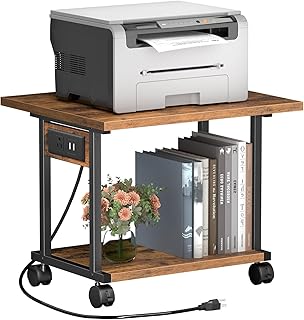 Printer Table, 2-Tier Under Desk Printer Stand with Charging Station, Printer Stand with Wheels, Printer Shelf for Small Spaces, Printer Cart for Home Office Rustic Brown