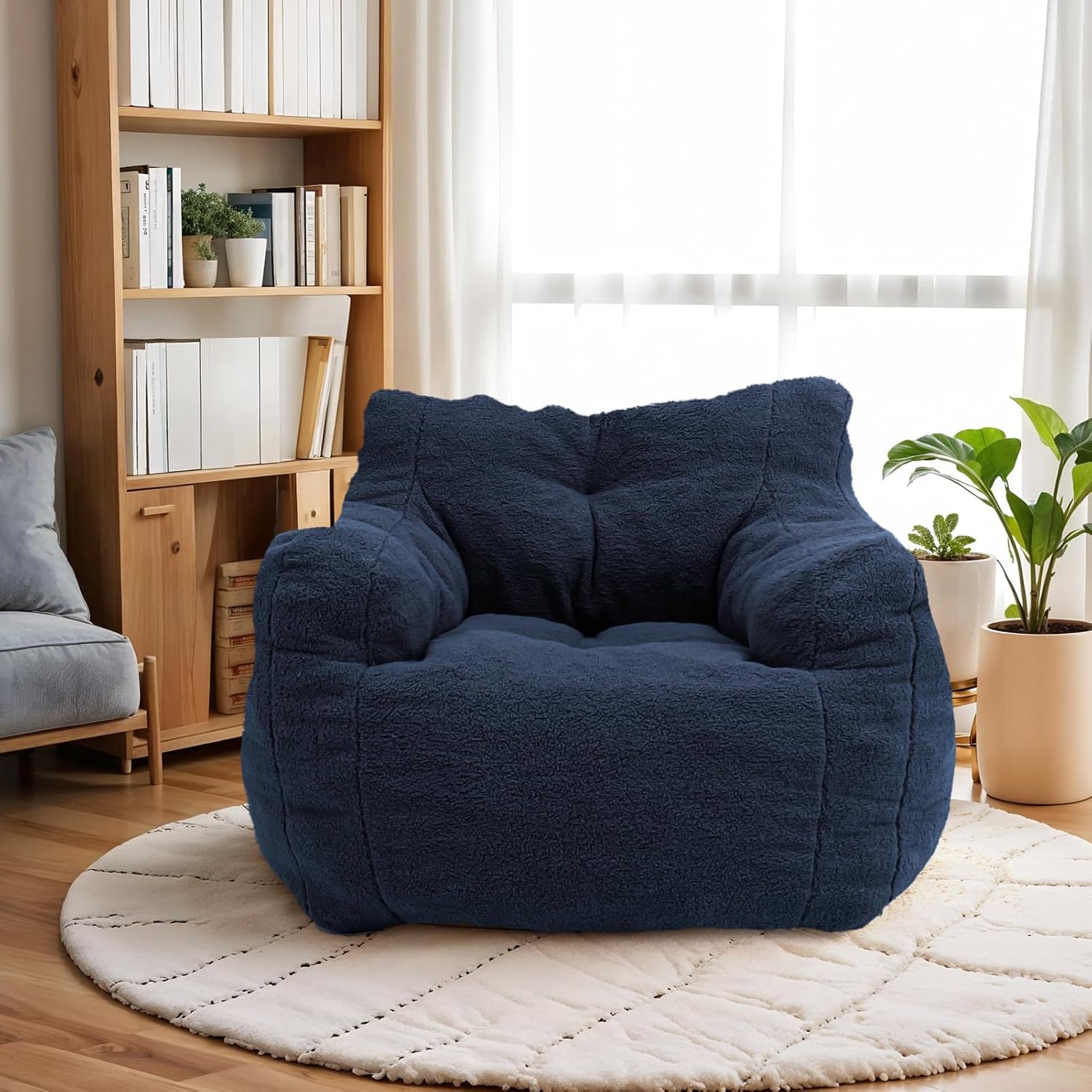 INMOZATA Bean Bag Chair for Adult and Teens 3FT Pre-Filled Soft Teddy Fluffy Lazy Sofa Floor Chair Beanbag for Living Room Playroom Dorm Apartment (Midnight Blue)