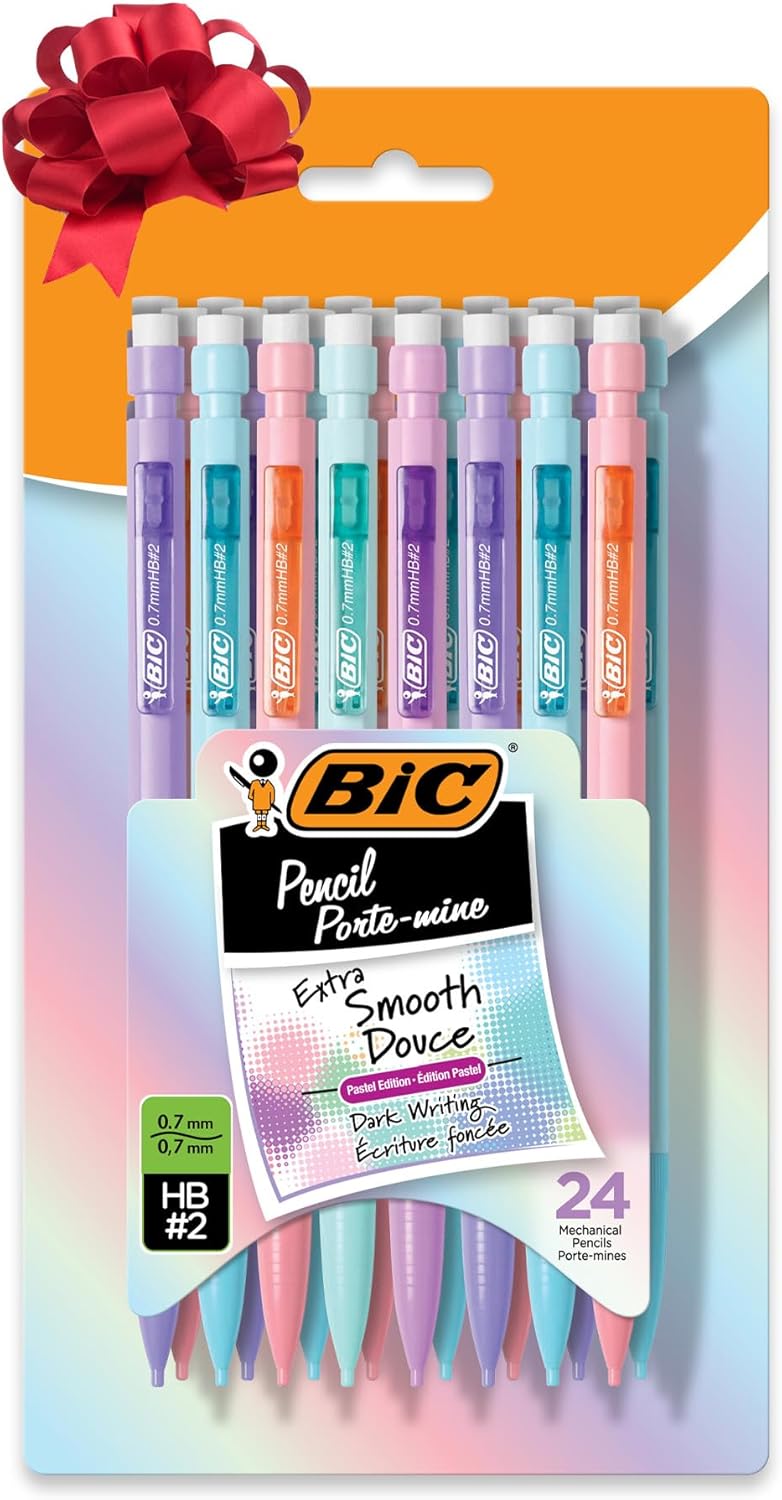 BIC Xtra-Smooth Pastel Mechanical Pencils with Erasers, Medium Point (0.7mm), 24-Count Pack, Bulk Mechanical Pencils for School or Office Supplies