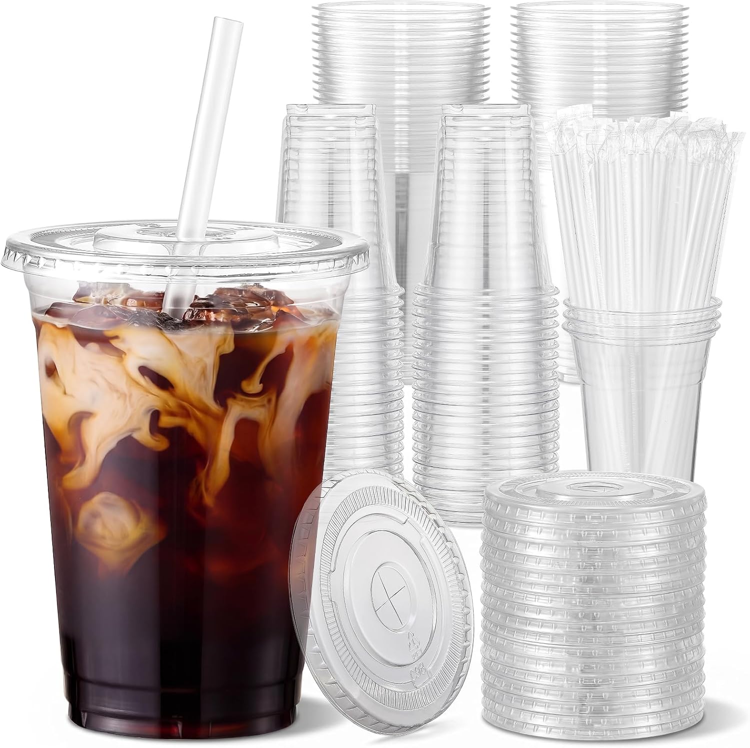 VITEVER [100 Sets - 16oz] Clear Plastic Cups with Lids and Straws, Disposable Iced Coffee Cups for Smoothie, Milkshake, Cold Drinks - BPA free
