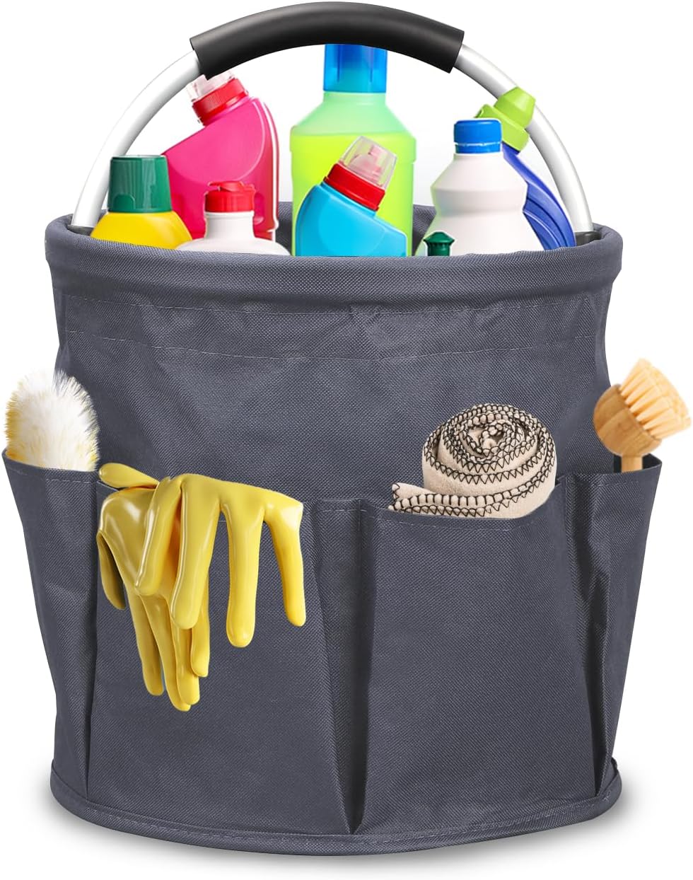 Qivine 17L Cleaning Caddy with Handle, Cleaning Supply Caddy Foldable Cleaning Caddy Cleaning Products Organizers Portable Cleaning Bucket Organiser for Storing Towels (Dark Gray)