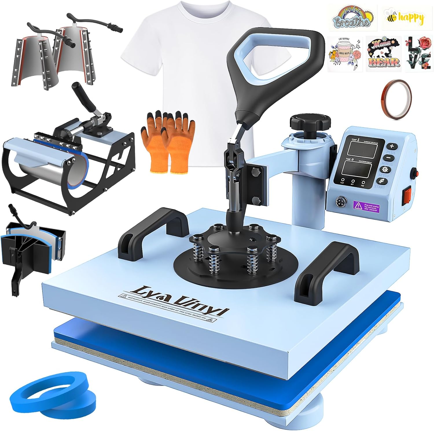 15“x15 Heat Press Machine - Lya Vinyl 7 in 1 Heat Press 360-Degree Swing Away Digital Press Machine Multifunction Sublimation Combo Heat Transfer Machine for T-Shirts, Hats, Caps, Mugs and Plates