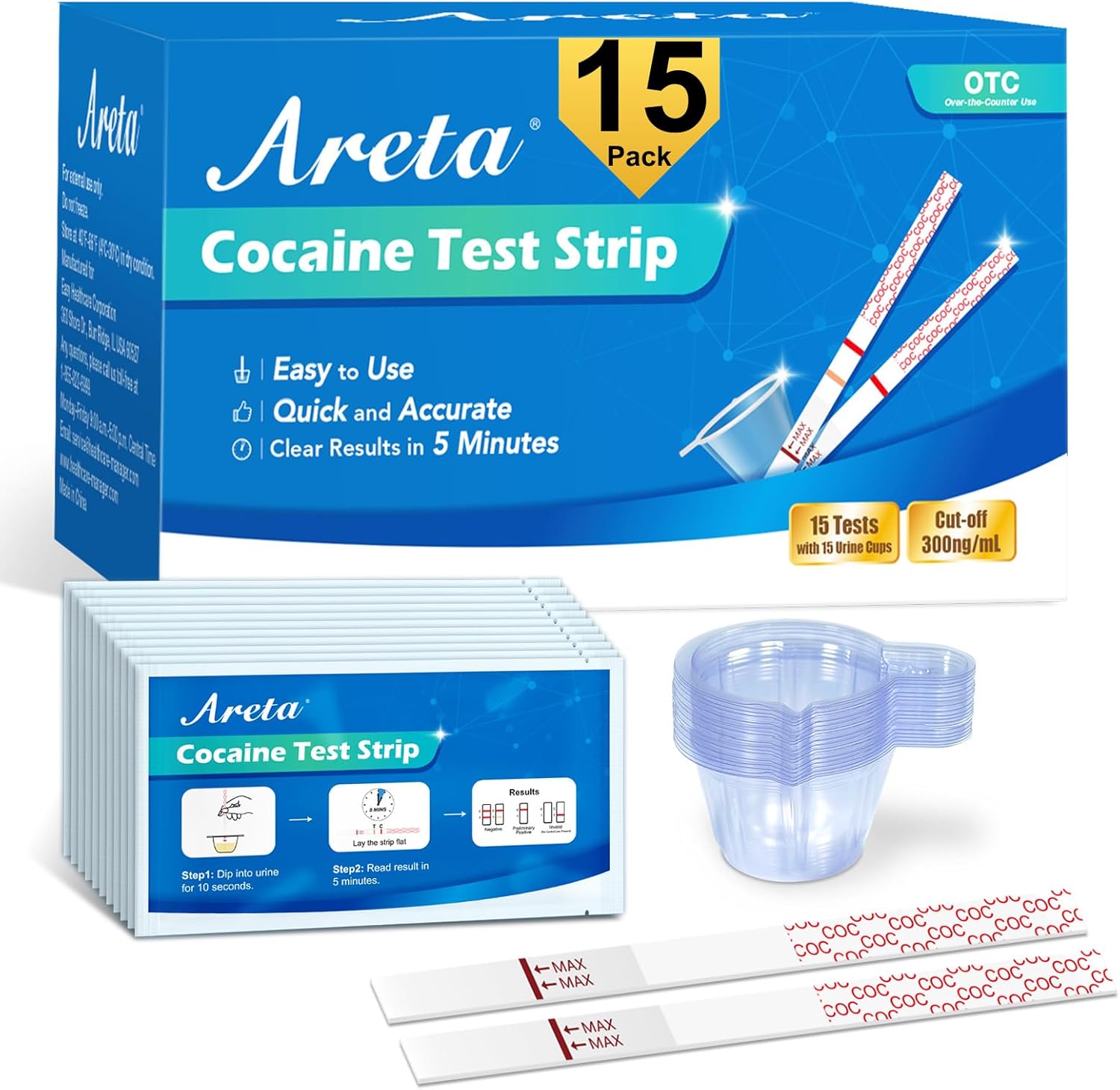 Areta Cocaine Test Strip: Cocaine Drug Test Single Panel Urine Screen Kits, 15 Pack Instant Accurate Home Cocaine Tests Coke Dipstick with Cups, 300 ng/mL Cutoff -ASCOC-114
