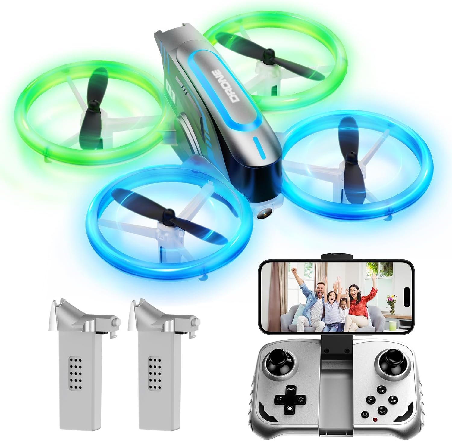 Q1 Mini Drone with Camera for Kids, Adults & Beginners, RC Quadcopter with Cool LED Lights, Headless Mode, 3D Flips, 2 Detachable Batteries, Drone Toys Gifts for Boys and Girls, Grey