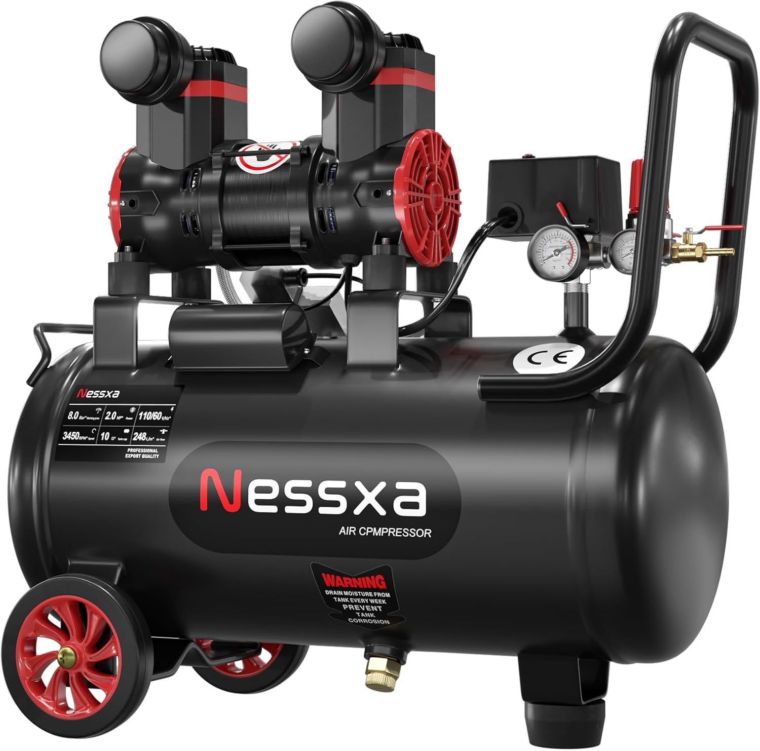 10 Gallon Ultra Quiet Air Compressor, Oil-Free Air Compressor Tank with Two Quick Couplers, 2HP 8.76 CFM@115PSI Pressure 70dB Electric Air Compressor for Woodwork Nailing, Garage, Auto Repair