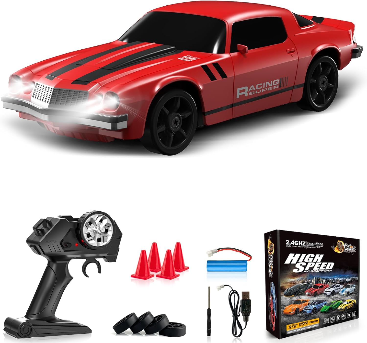 RC Drift Car 1:24 Remote Control Car 4WD 15KM/H High Speed Racing Sport Car with LED Lights RC Cars Toy for Kids Boys Girls Adults Gifts Birthday Christmas Rechargeable Batteries