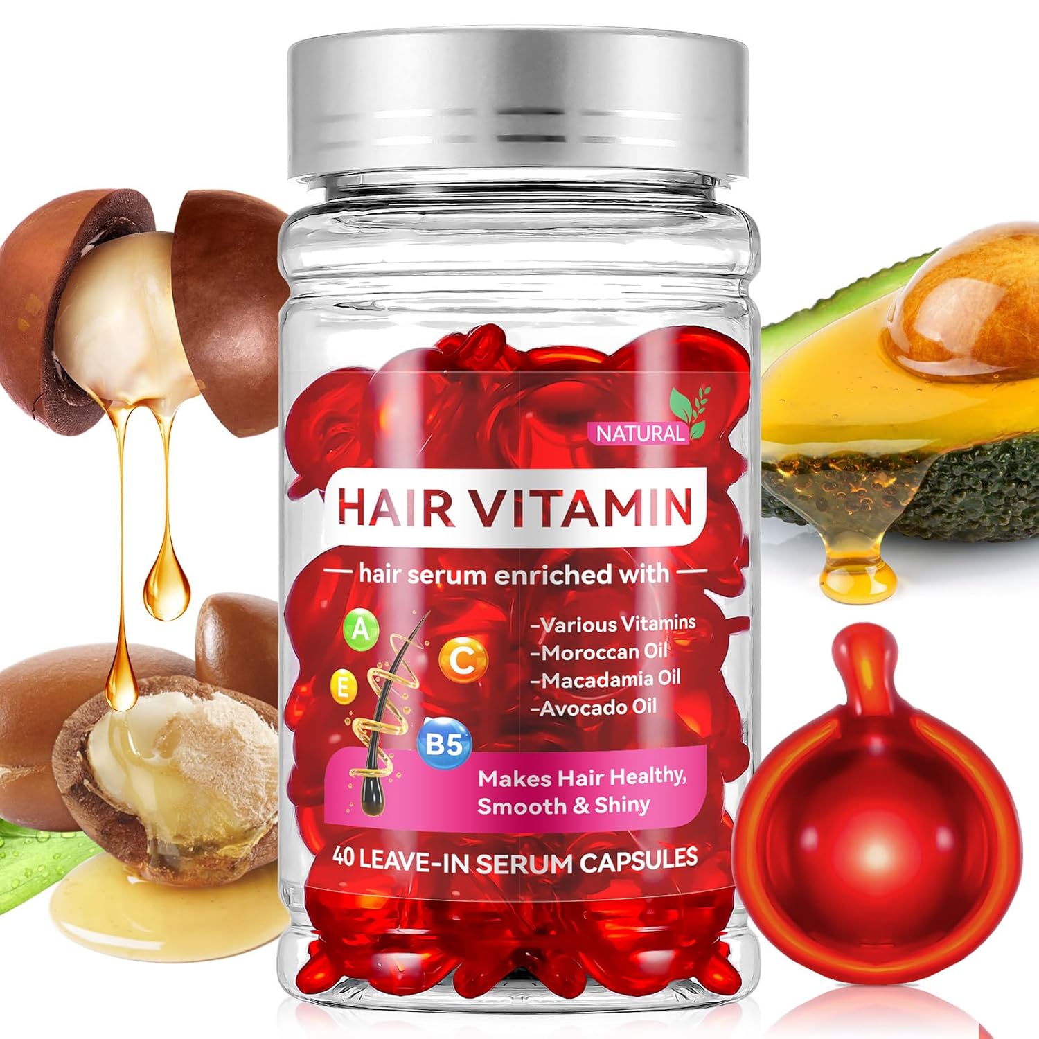 Hair Vitamins Serum Capsule, Hair Treatment Serum Oils, No Need Rinse Hair Repair Essence,Rich in Vitamins A C E Pro B5 Oil for Hair,Hair Serum for Frizzy and Dry Damaged Hair (40 Pcs), Red