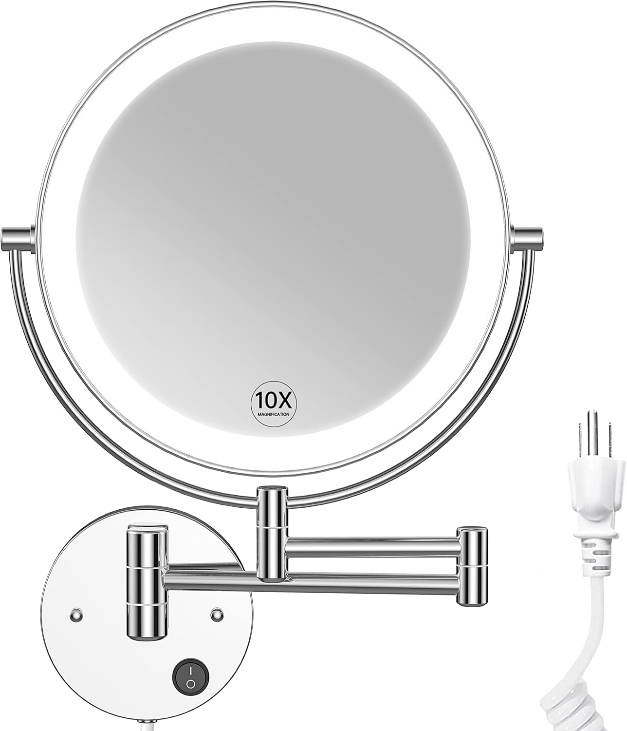 Benbilry 9" Wall Mounted Lighted Makeup Mirror with Magnification 10X, Large Size Double Sides LED Vanity Mirror, 10X Magnifying Mirror with Lights, 360° Swivel LED Bathroom Mirror