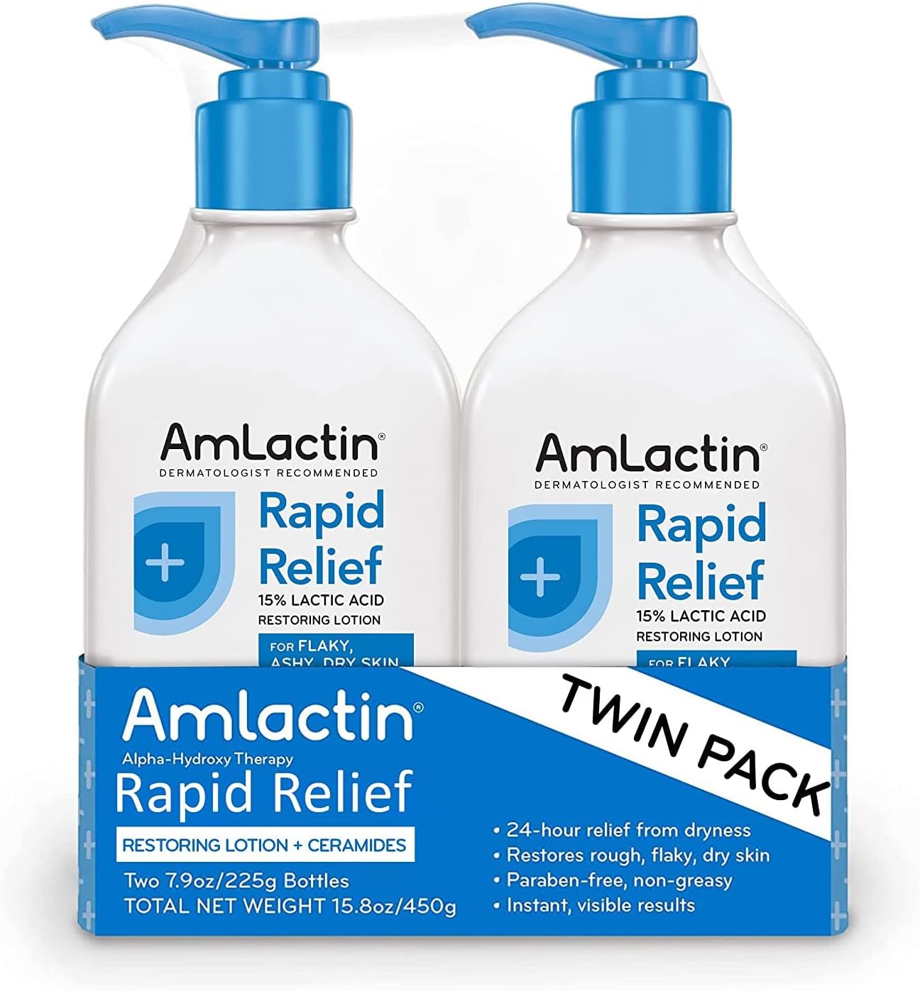 AmLactin Rapid Relief Restoring Lotion + Ceramides Twin Pack, (2) 7.9 Ounce Bottles, Paraben Free