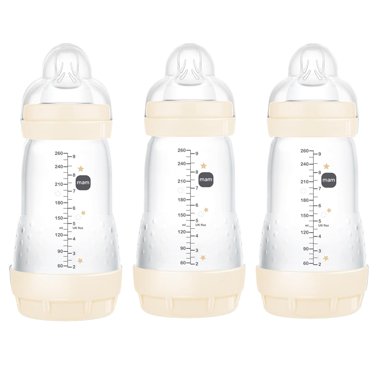 MAM 9oz Easy Start Anti-Colic Baby Bottles, Medium Flow, Breastfeeding-Like Silicone Nipple, Reduces Colic, Gas, & Reflux, Easy-to-Clean, BPA-Free, Baby Bottles for Newborns, 2+ Months