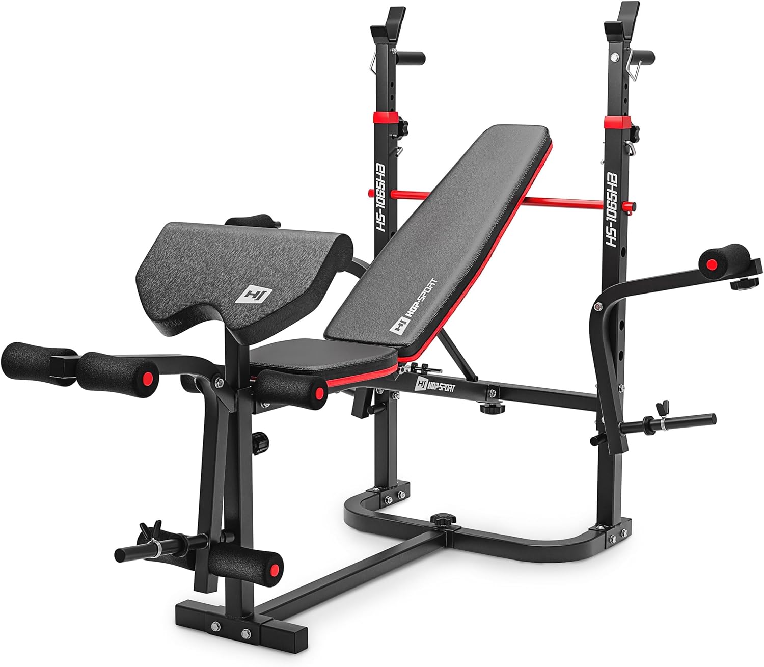 Hop-Sport Folding Weight Bench HS-1065 – Adjustable Workout Bench with Barbell Rack, Preacher Curl Pad, Butterfly Arms & Leg Developer for Strength Training & Bench Press