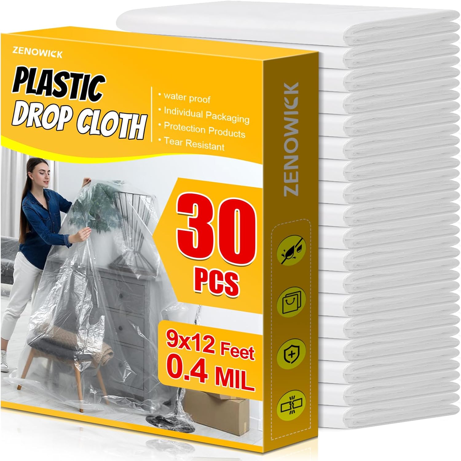 30 Pack Plastic Drop Cloth, 9x12 Ft Plastic Sheeting for Painting, Dust-Proof Tear-Resistant Painters Plastics Tarp Cloth for Furniture Floor Sofa Protector Cover Durable & Thick