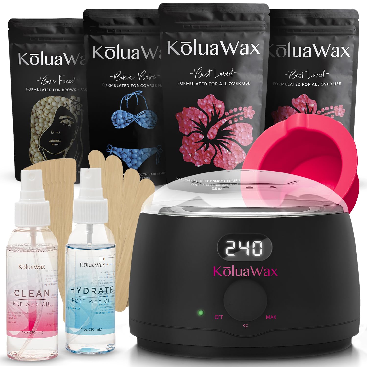 KoluaWax Premium Waxing Kit for Women - Hot Melt Wax Warmer for Hair Removal, Eyebrow, Bikini, Legs, Face, Brazilian Wax & More - Machine + 4-Pack Hard Wax Beads + Accessories, Black