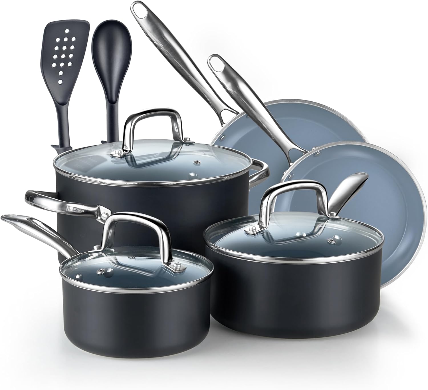 Cook N Home Pots and Pans Nonstick Ceramic Kitchen Cookware Sets Include Saucepan, Frying Pans, Stockpot with Lids, Nylon Utensils, 10-Piece, Heavy Gauge, Black & Gray