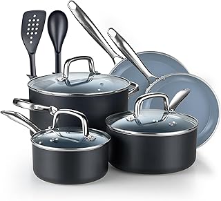Cook N Home Pots and Pans Nonstick Ceramic Kitchen Cookware Sets Include Saucepan, Frying Pans, Stockpot with Lids, Nylon Utensils, 10-Piece, Heavy Gauge, Black & Gray