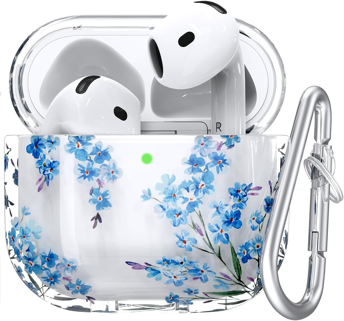 VISOOM Clear Case Compatible with Airpods 4th Generation 2024, Support Wireless Charging, Shockproof, Soft TPU Transparent Reduced Yellowing for AirPods 4 Cases with Carabiner (Blue Flower)