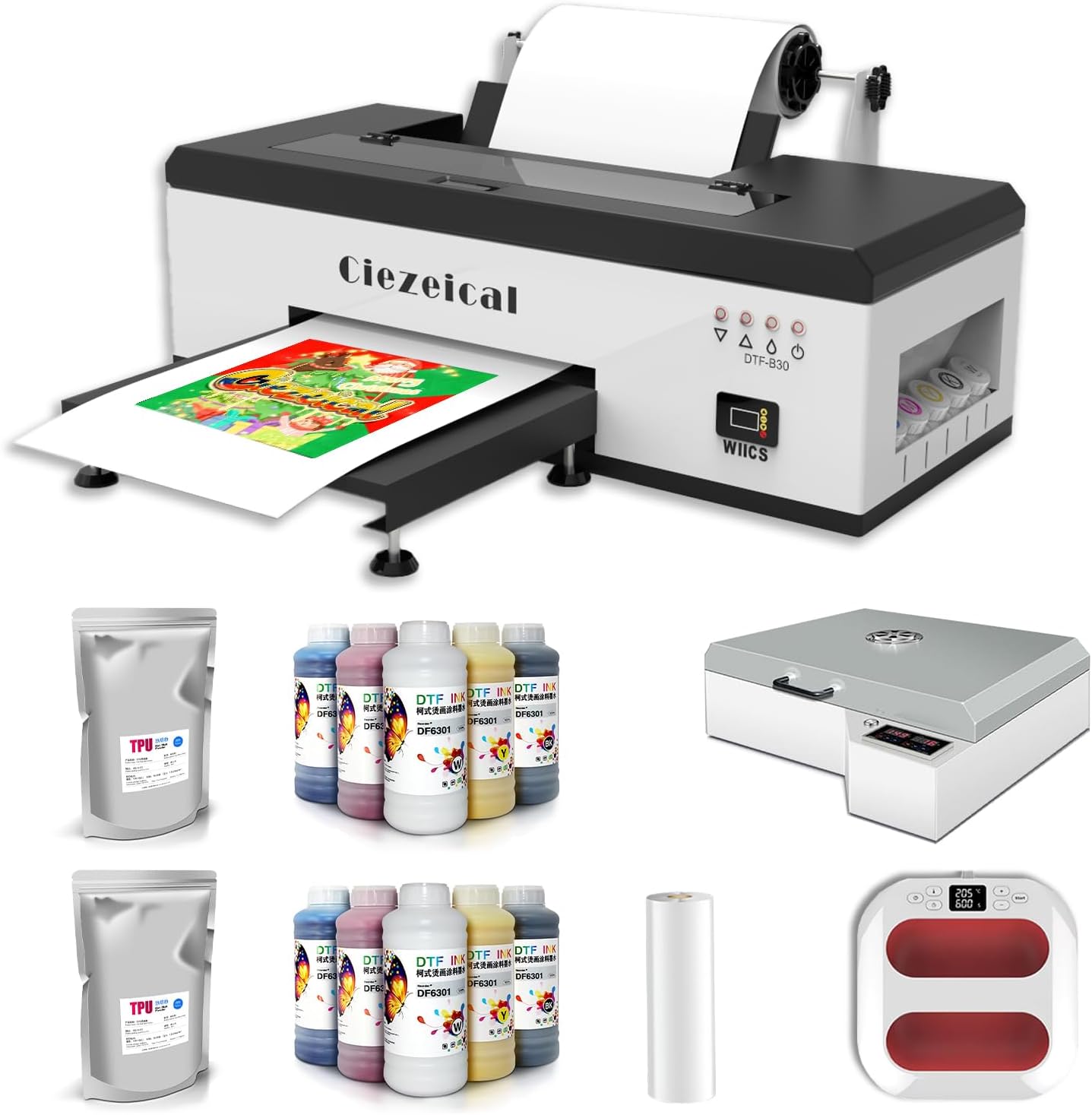 A3 1390 DTF printer kit, equipped with oven thermal transfer printer etc, supports sheet or roll PET film printing, equipped with automatic white ink mixing system designed for small workshops and DIY