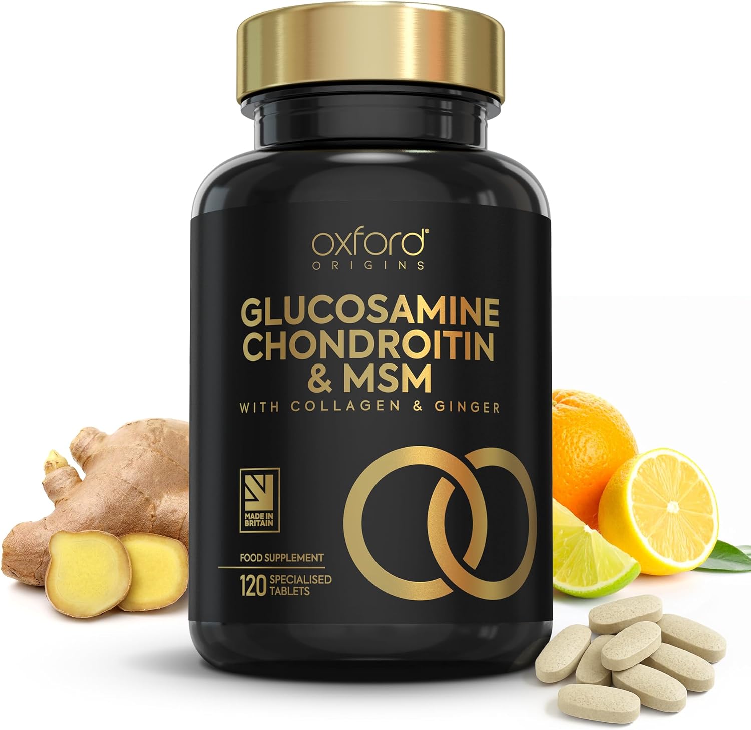 Advanced Glucosamine and Chondroitin High Strength Tablets with MSM | Made in The UK | Glucosamine Sulphate with Chondriotin, MSM Powder, Collagen, Citrus Bioflavonoid and Ginger Root | 120 Tablets