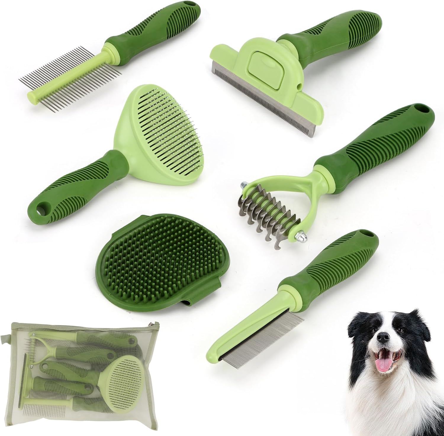 Nobleza 6PCS Dog Grooming Kit, Self-Cleaning Slicker Brush with Massage Tips, Dematting Comb for Shedding and Tangles, Ergonomic Bath Brush, Adjustable Handle, Safe for Dog Cat Puppy, Green