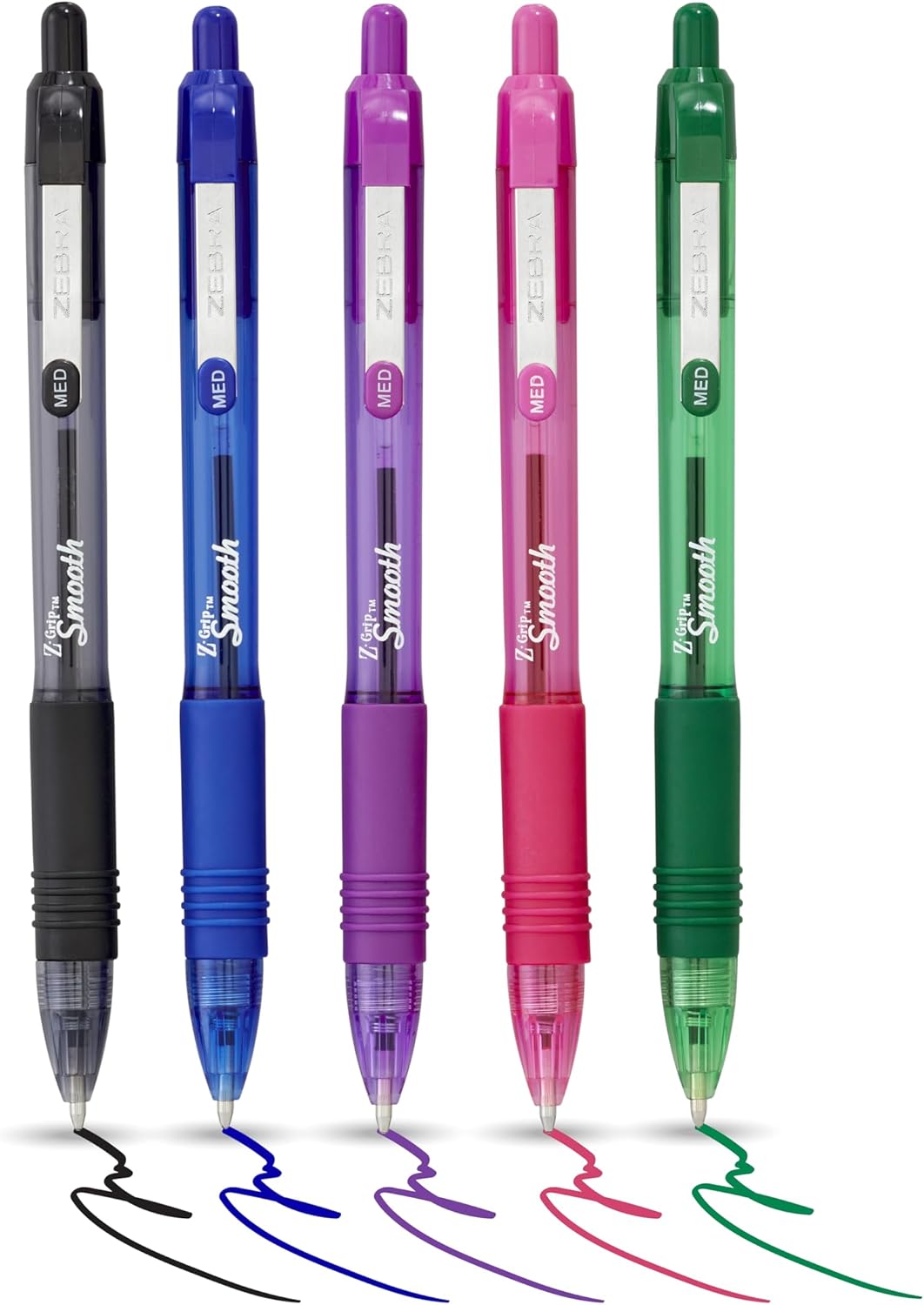 Zebra Pen Z Grip Smooth Multi- Coloured & Black Ballpoint Pens, Smooth & Comfortable Retractable Pens With Pocket Clip, Multipack Biro Pens - Medium Point, 5 pack