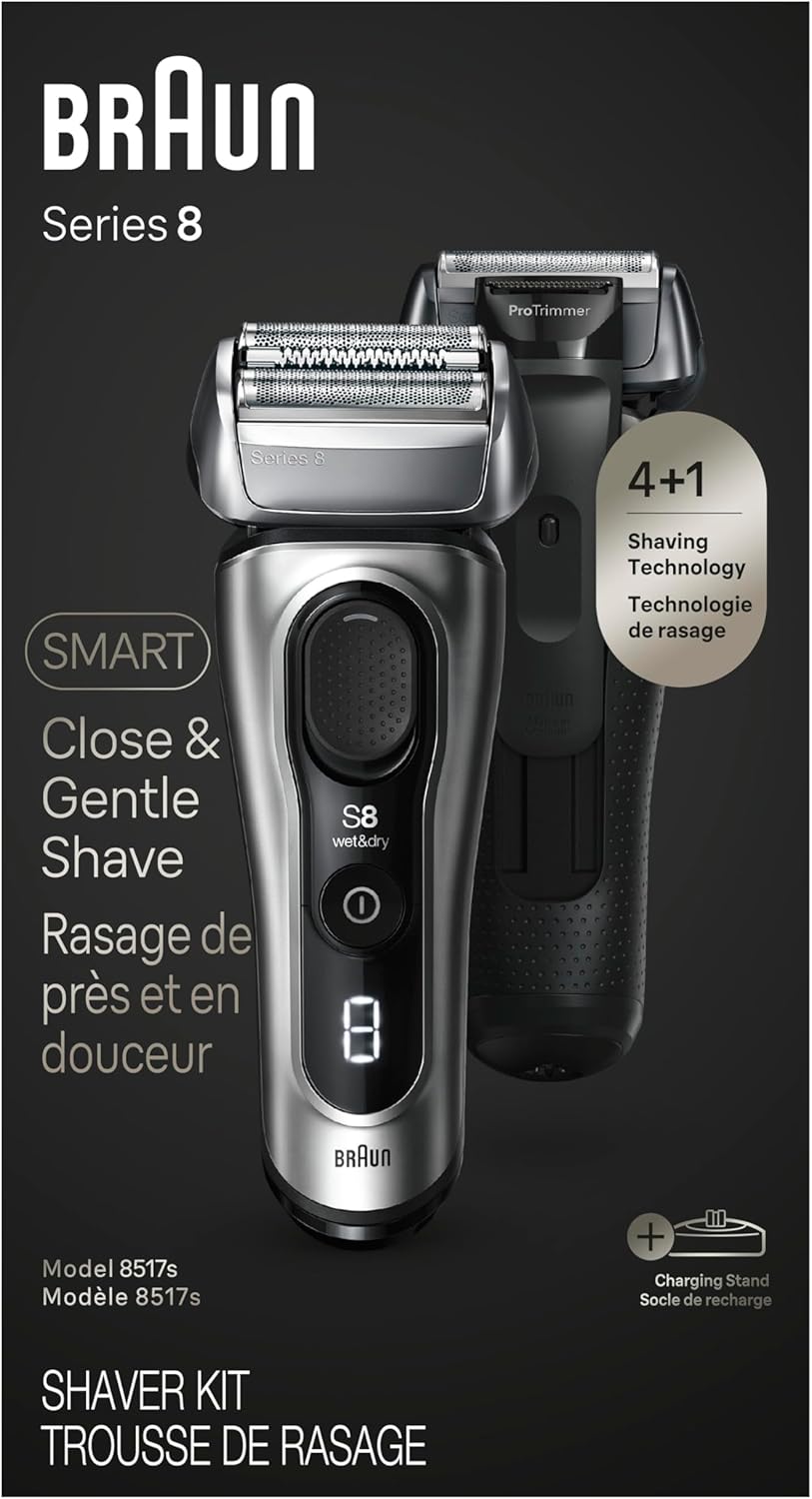Braun Series 8 Electric Razor for Men, with 4+1 Shaving Elements & Precision Long Hair Trimmer, Close & Gentle Even on Dense Beards, Wet & Dry Electric Razor with 60min Runtime, 8517s Galvano Silver