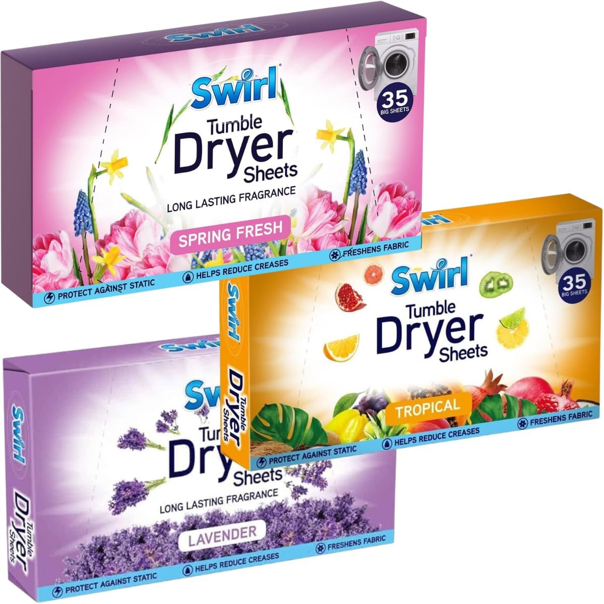 FIND A SPARE Tumble Dryer Sheets for Tumble Dryer Reduce Creases Fast Freshens Fabric Clothes Spring Fresh | Tropical | Lavender (Pack of 3-35 Sheets EACH)