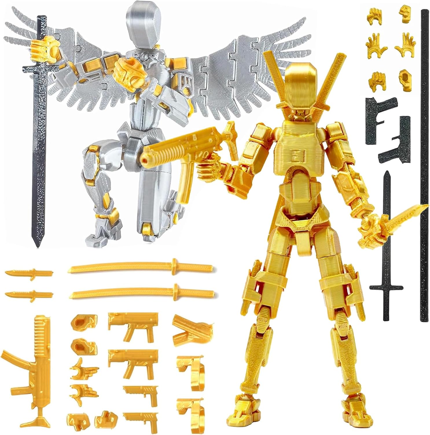 TZMFHD T13 Action Figure, 2 Pcs 3D Printed Titan 13, Multi-Jointed Movable Robot Toys, Legends Action Figure For Game Lovers Desktop Decorations (Gold Sliver)