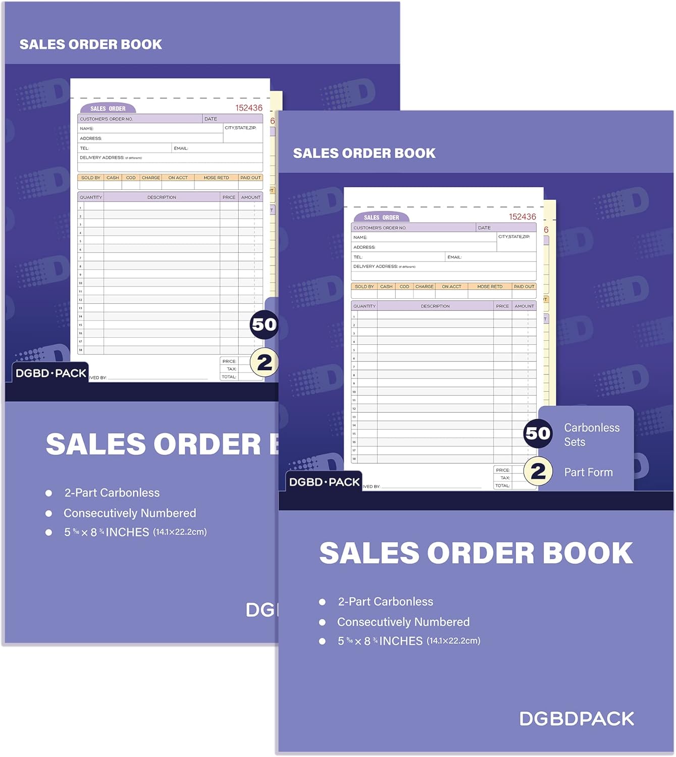 DGBDPACK Sales Order Book 2 Pack, 2 Part Carbonless Invoices, White/Canary, 5-9/16 x 8-3/4 Inches, Receipt Book 50 Units per Book