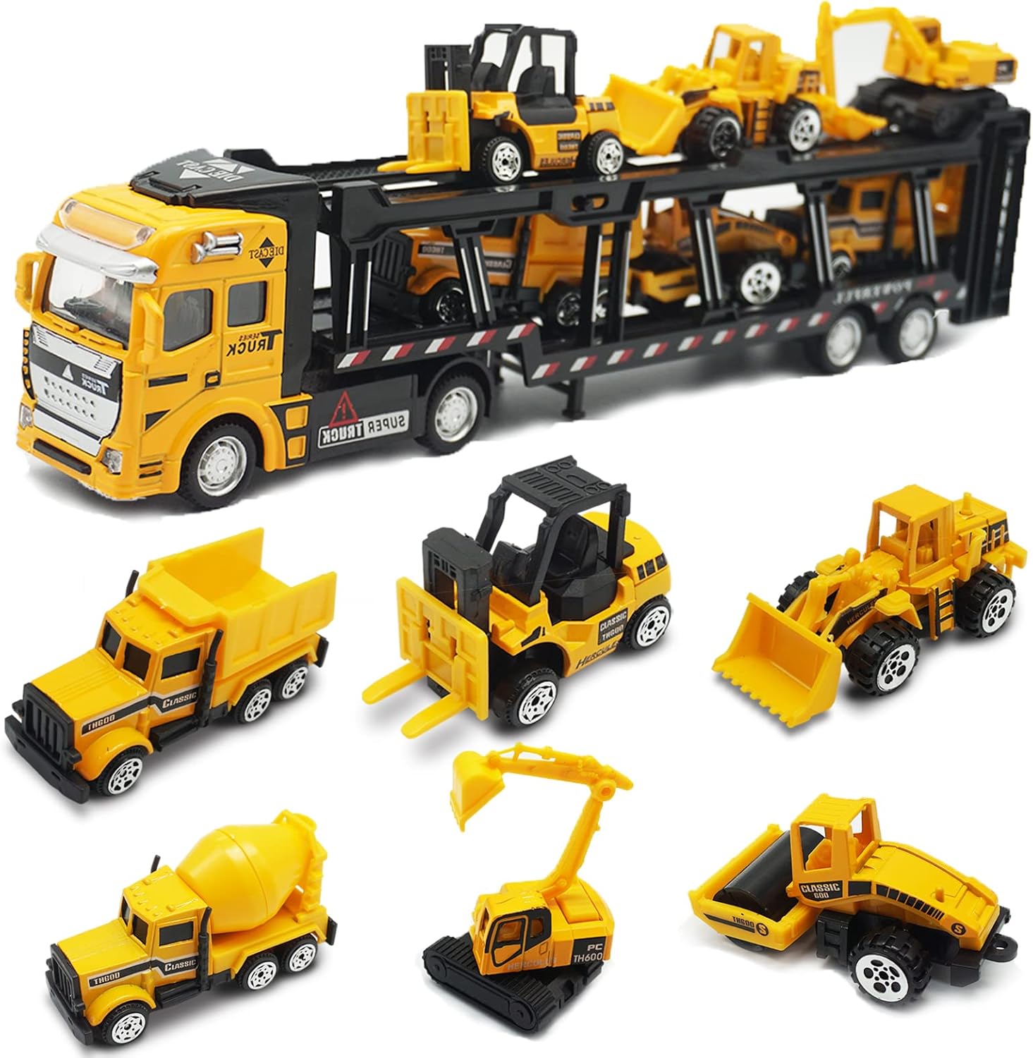 OTONOPI Car Transport Truck Toy Construction Truck Diecast Cars Play Vehicle Set Carrier Trailer Truck with Mini Crane Excavator Digger Dumper Tractor for Kids Pack of 7