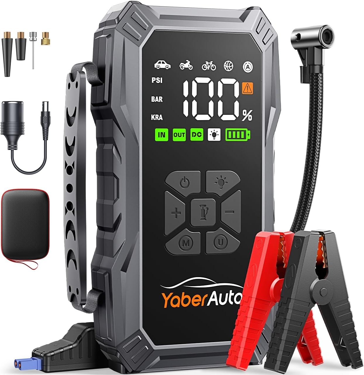 Jump Starter Power Pack with Air Compressor, YaberAuto 5500A Portable Car Battery Booster (All Petrol/10L Diesel), 12V Car Jump Starter Power Bank with Jump Leads, LCD Screen, Emergency Light
