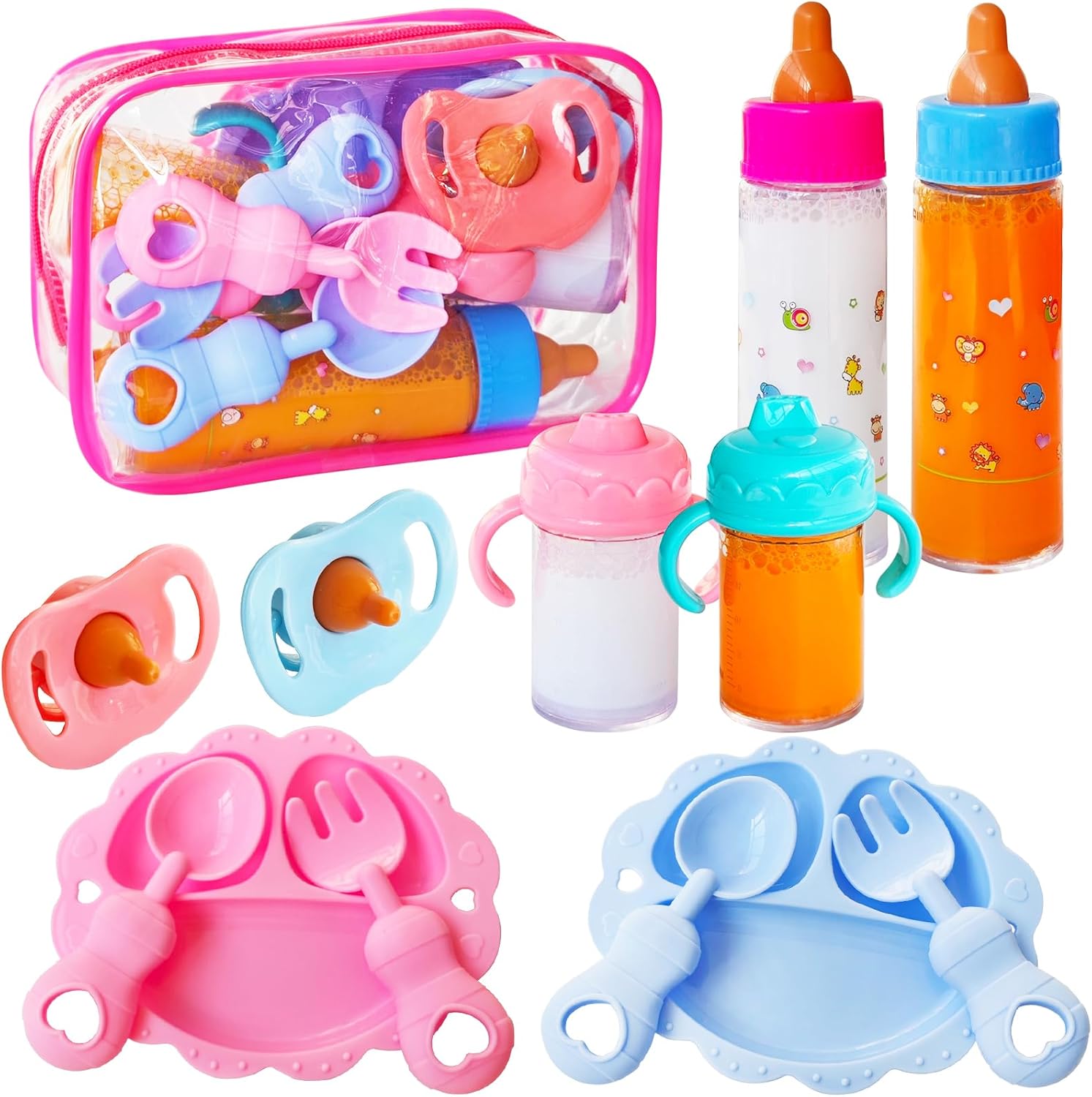 12 Pcs Baby Doll Accessories Magic Bottle set,Pretend Play Feeding Toy Set with Package,Doll Feeding Set for Kids Girls,Magic Disappearing Juice Milk Bottles,Sippy Cups,Pacifiers,Bowl Spoons