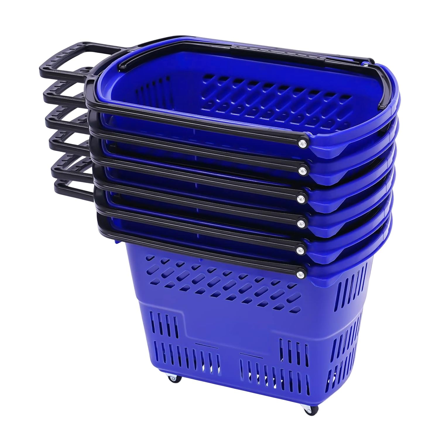 35L 6PCS Shopping Carts, Shopping Baskets with Handles & Wheels, Portable Plastic Rolling Shopping Basket Set for Supermarkets and Retail Stores (Blue, Black)