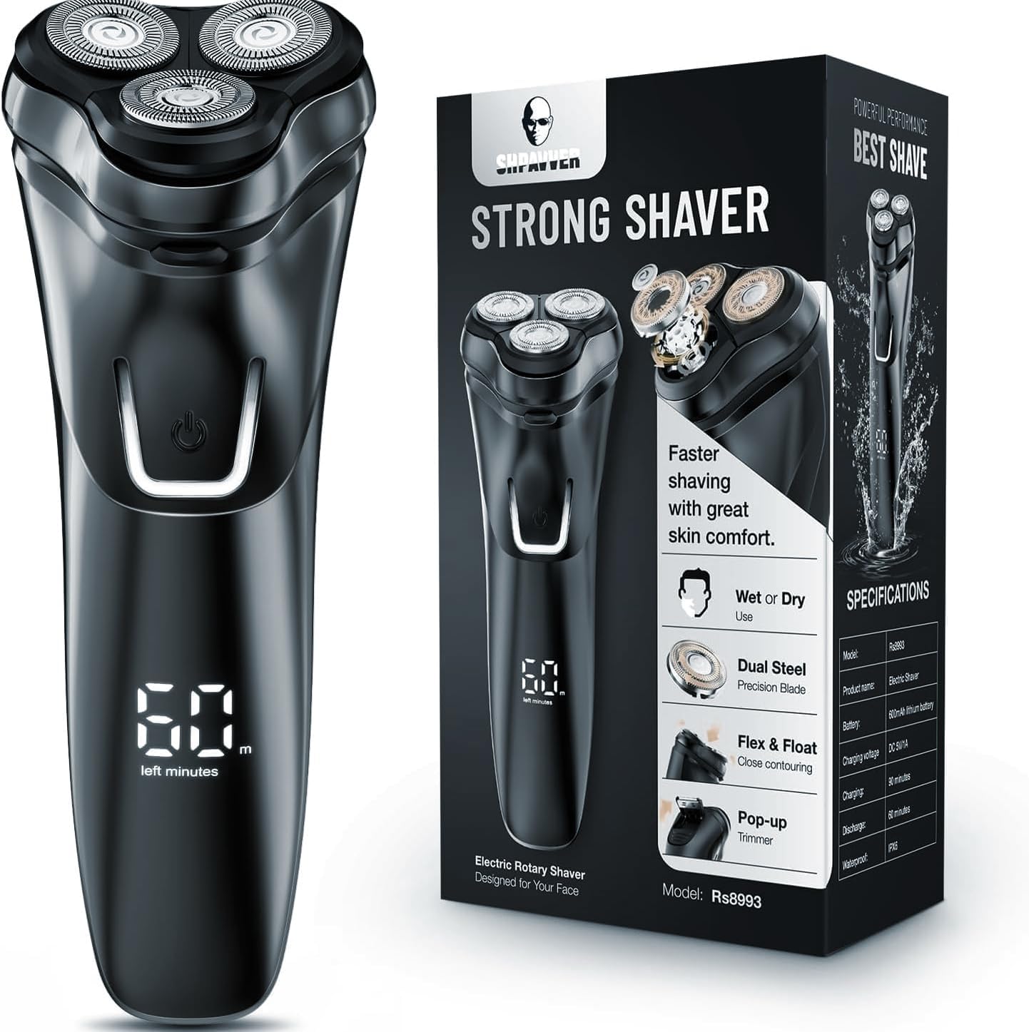 Electric Razor for Men Cordless: Wet/Dry Rotary Shaver Waterproof - USB Fast Charging & Sensitive Skin Care - Pop up Trimmer & Precision Blades Ink Black