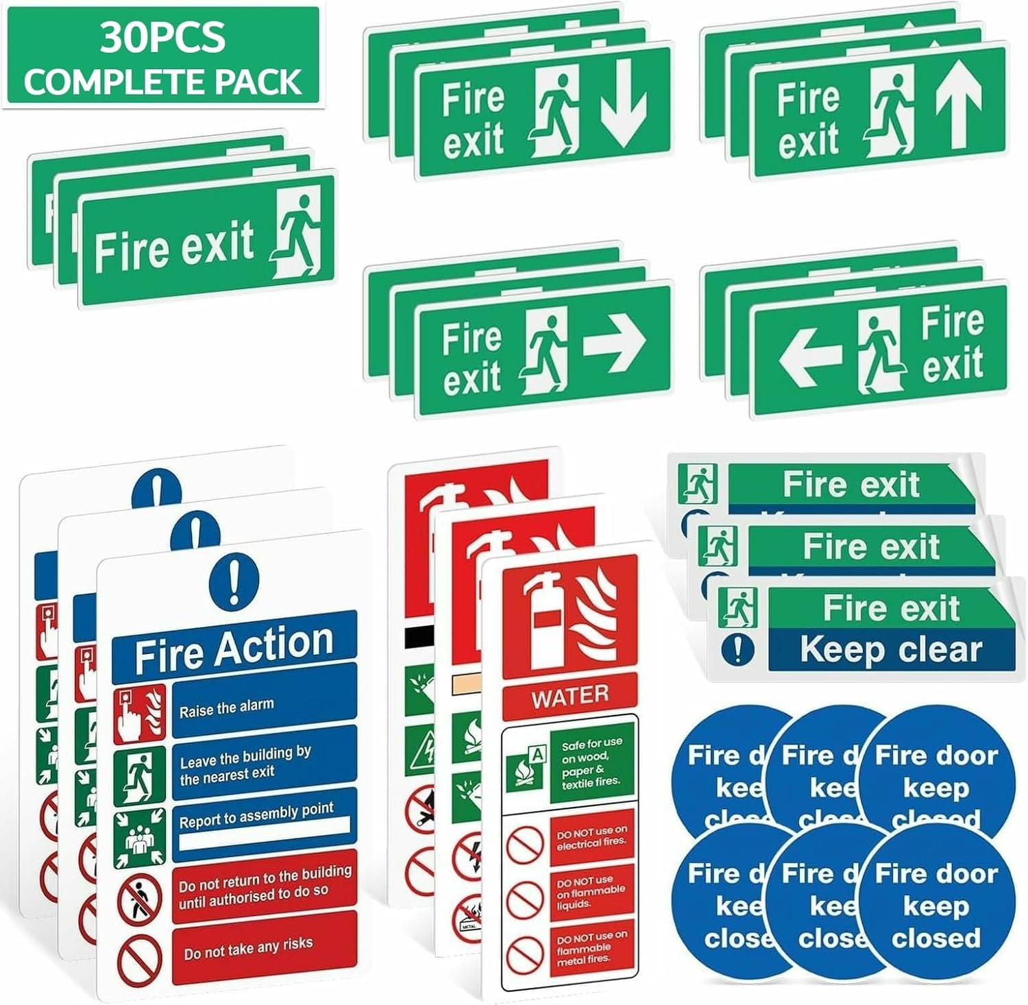 30PK/58PK Fire Exit Signs (RIGHT, LEFT, UP, DOWN ARROW) Keep Clear, 30 X 10cm Fire Action Notice, Extinguisher Signs, Keep Shut, Self Adhesive Vinyl Sticker, Emergency Exit Door, Signage (30pk)