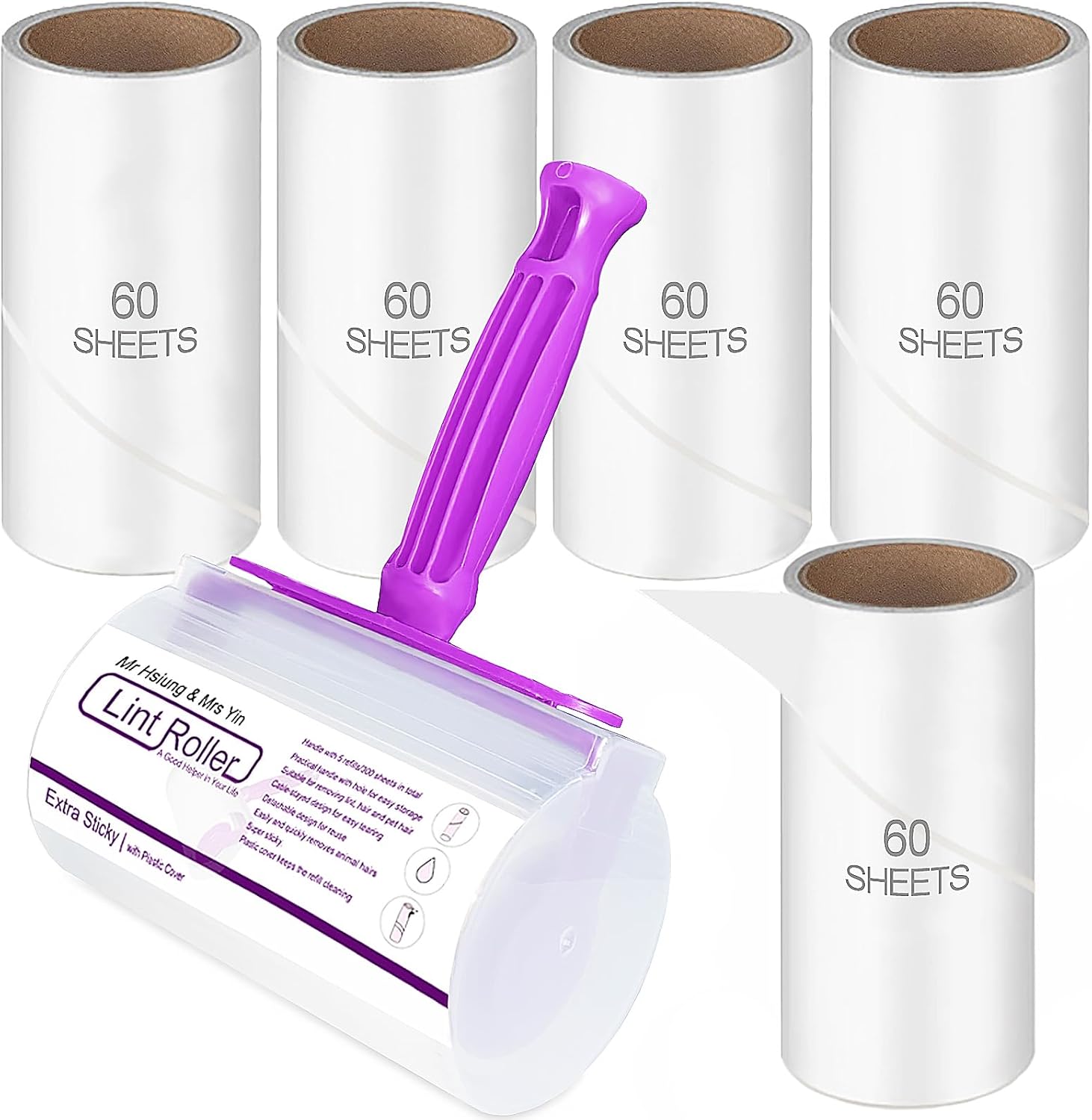 Mr Hsiung & Mrs Yin Lint Rollers for Pet Hair, Clothes Roller, Lint Roller for Clothes, Extra Sticky Lint Remover Brush, Pet Hair Remover, 1 Roller + 5 Refills, 300 Sheets Total