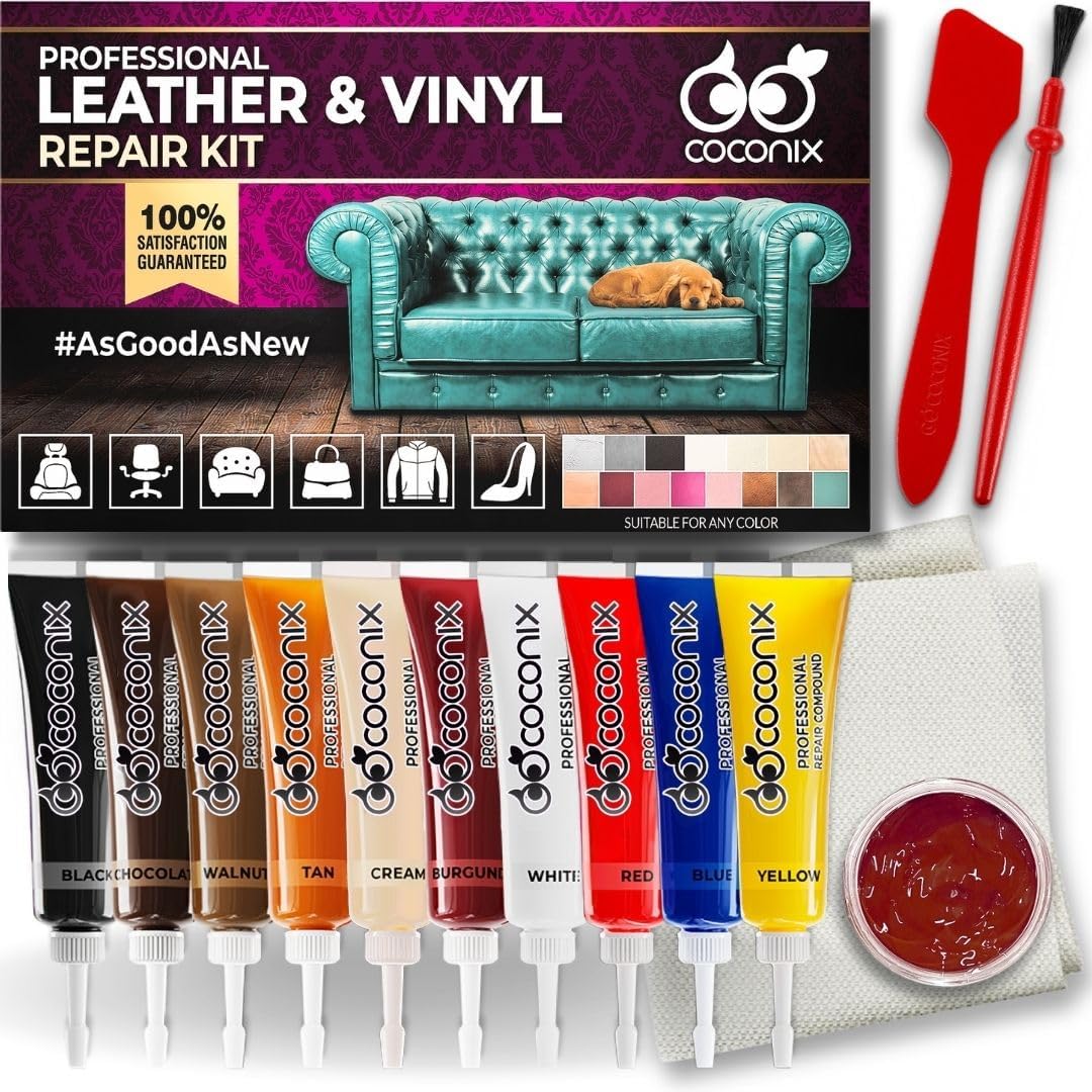COCONIX Leather & Vinyl Repair Kit | Fix Tears, Holes, Scratches, and Peeling on Leather and Vinyl Furniture, Car Seats, and Jackets | Easy Application with Customizable Colors