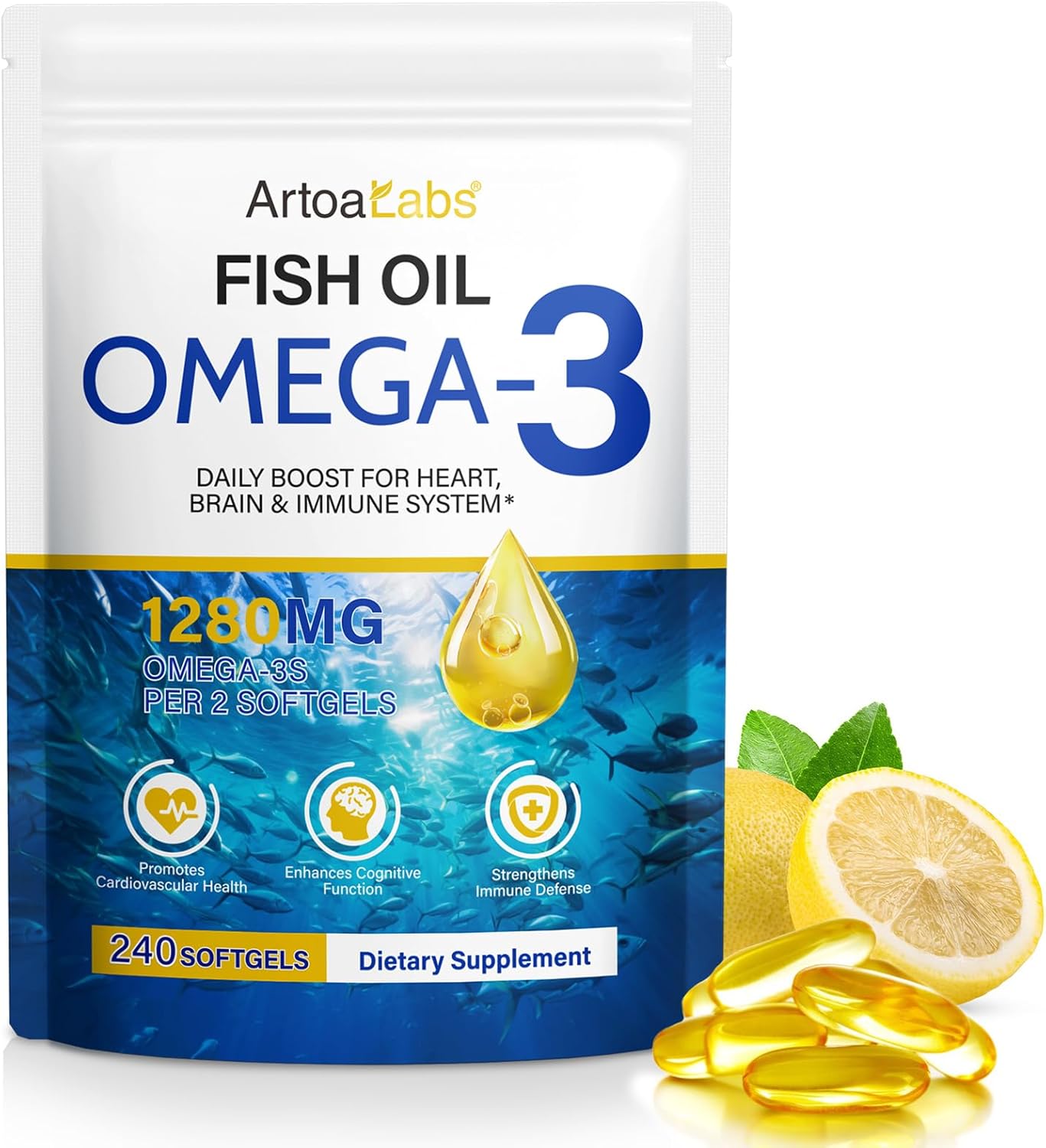 Fish Oil Omega 3 Supplements-1280 Mg Omega-3 Fatty Acid Supplements-650mg Epa + 450mg Dha Promotes Brain & Heart Health Essential Fatty Acids 240ct