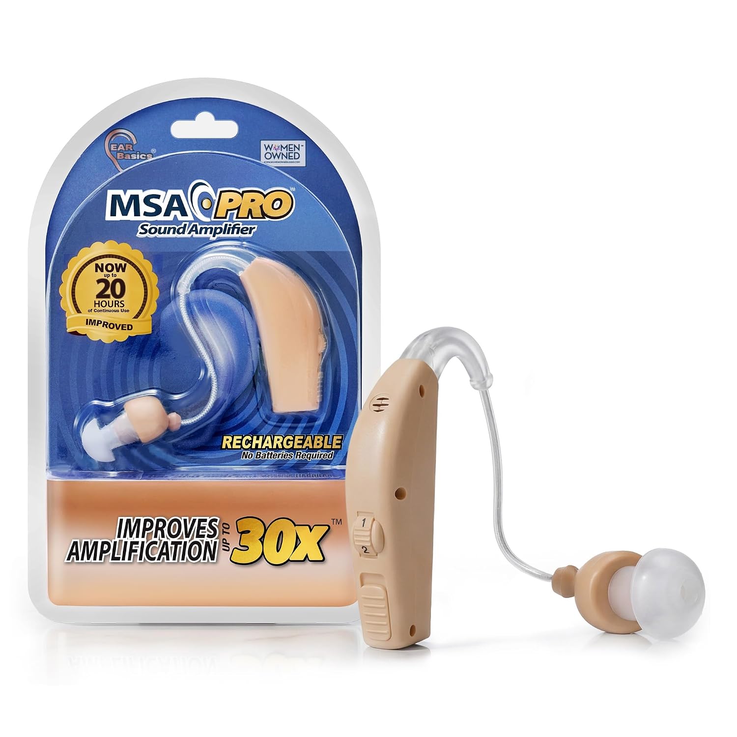 MSA PRO Sound Amplifier, Amplifies Sound by 30 Times, Up to 20 Hours Continuous Use, Lightweight, Nearly Invisible, Adjustable Volume, Fast Charging, Nude, 1ct