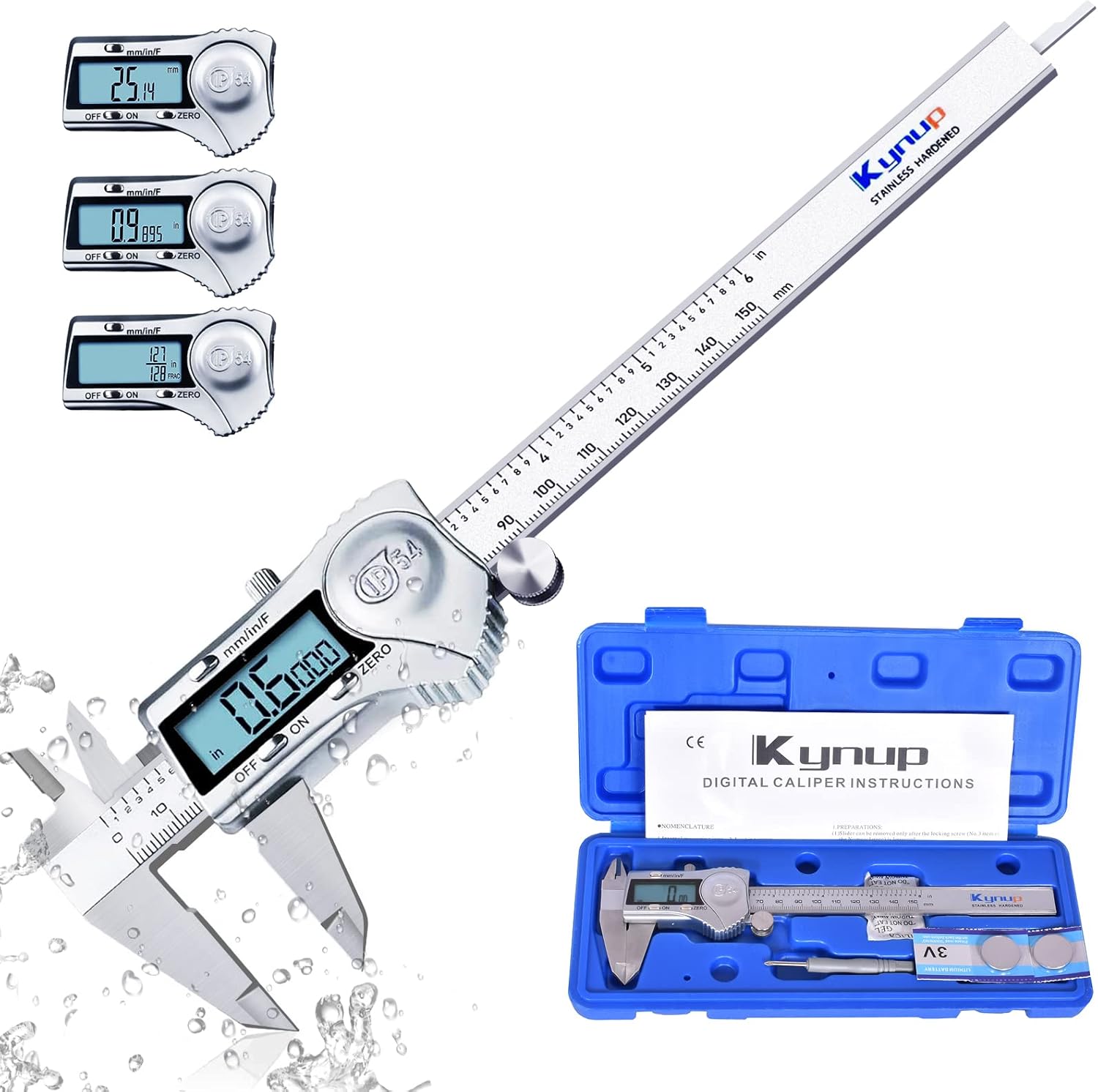 Kynup Digital Caliper, Calipers 6 Inch Measuring Tool with Stainless Steel, IP54 Splash Proof Protection Design, Easy Switch from Inch Metric Fraction, Large LCD Screen (150mm)