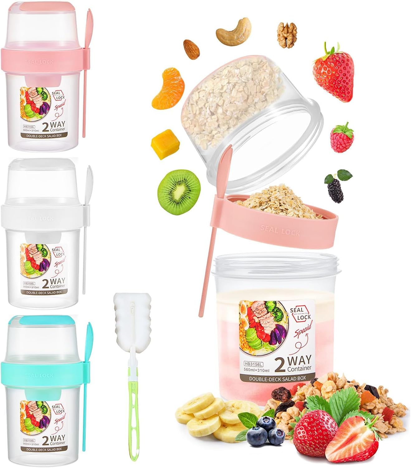 3 Pack Granola and Yoghurt Pot, Cereal Yogurt Cups Leak-Proof Breakfast Salad Cups with Lid and Spoon Oatmeal Cup Breakfast On the Go Cups for School Office Travel Reusable Overnight Oats Container