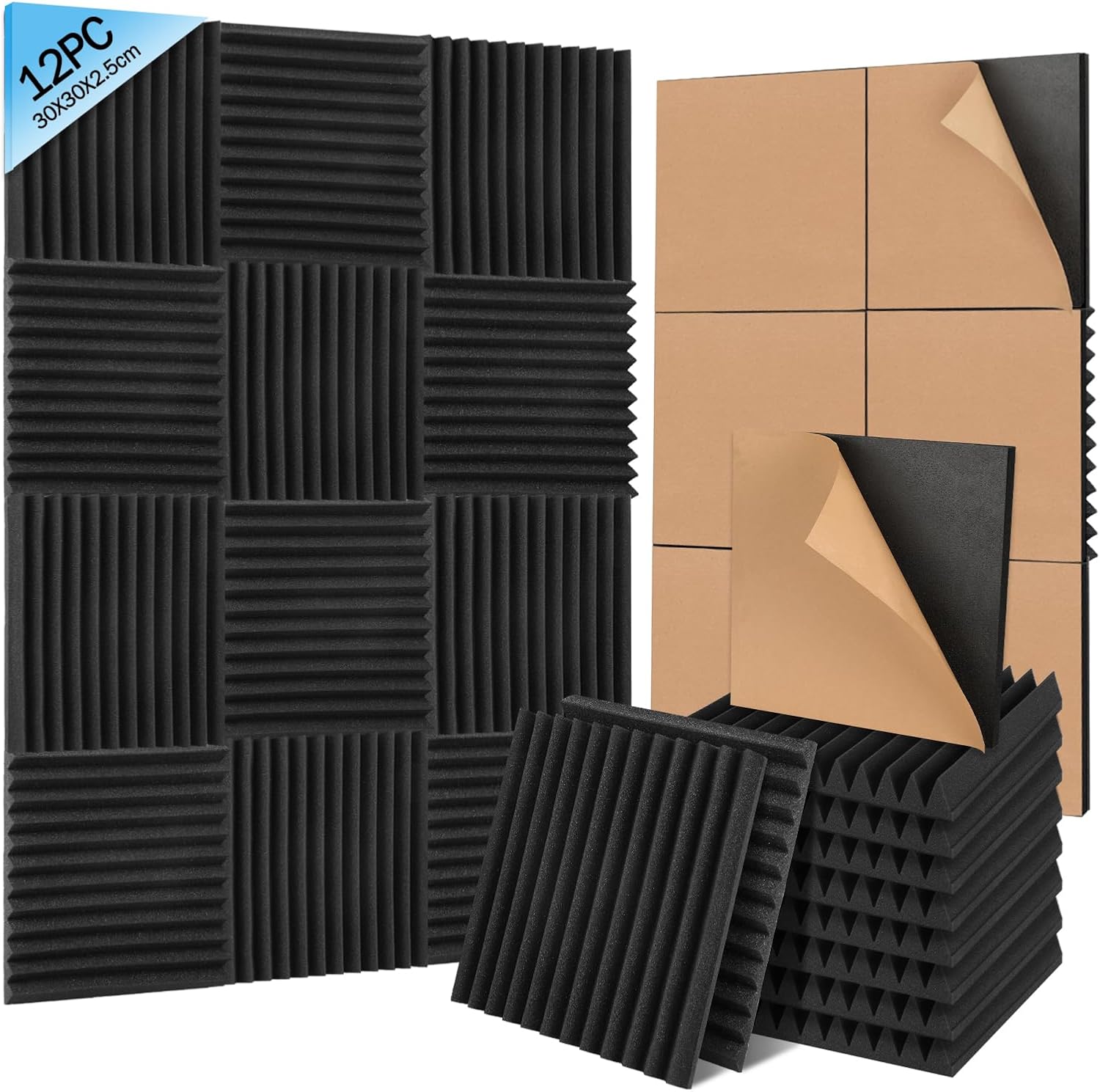 Sound Proofing Panels 12 Pack - 30x30x2.5cm Soundproofing Panels Self Adhesive, High Density and Fire Resistant Acoustic Wall Panels - Acoustic Foam Panels for Studio, Recording, Home, Offices