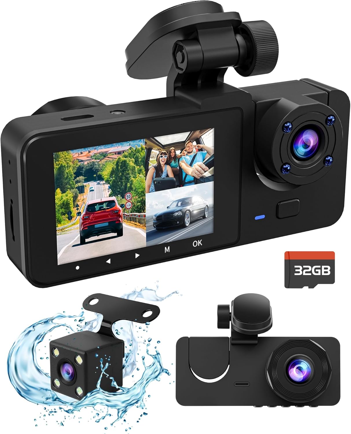 Dash Cam Front and Rear Inside, 4K Full HD Triple Dash Camera for Cars, Car Camera with 32GB Card,Built-in Loop Recording,G-Sensor,24H Parking Monitor,WDR,Accident Lock