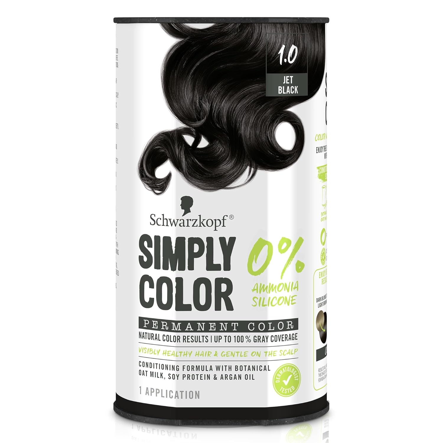 Schwarzkopf Simply Color Hair Color 1.0 Jet Black, 1 Application - Permanent Hair Dye for Healthy Looking Hair without Ammonia or Silicone, Dermatologist Tested, No PPD & PTD