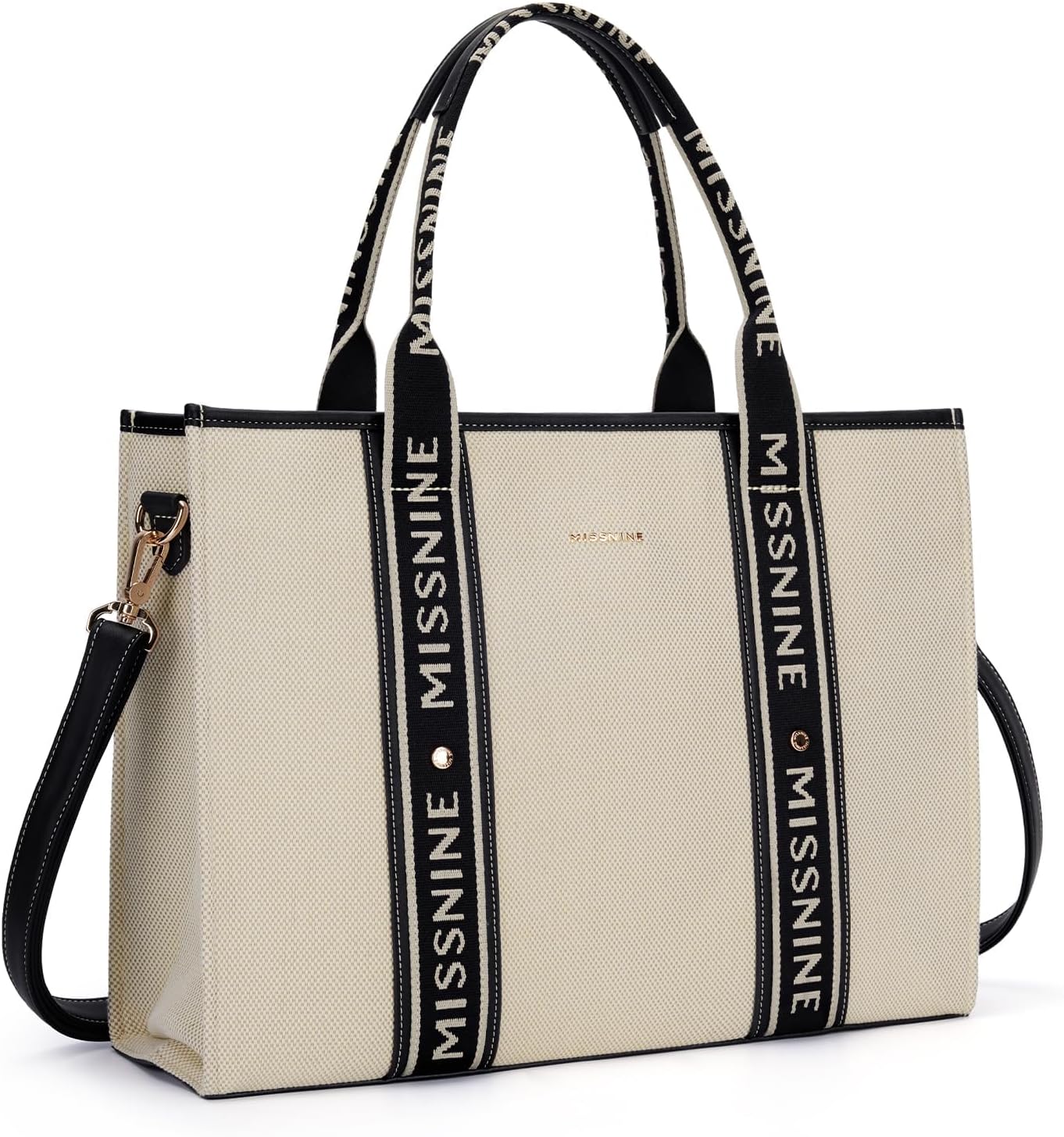 Missnine Women's Canvas Tote Bag with Zipper, 15.6 inch, Multi-Pockets, Padded Laptop Compartment, Detachable Strap (Noir + Beige)