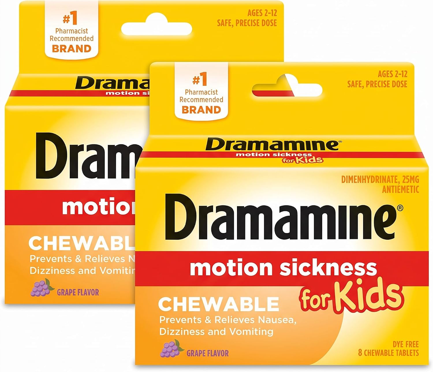 Dramamine Motion Sickness Relief for Kids - Chewable Grape Flavor, 8 Count (Pack of 2)